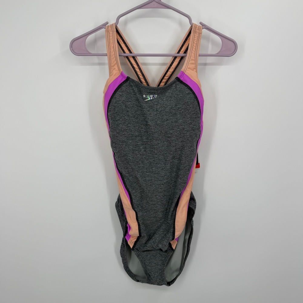 Speedo Quantum Fashion Splice One Piece Swimsuit Women 12 Orange Grey UPF 50+